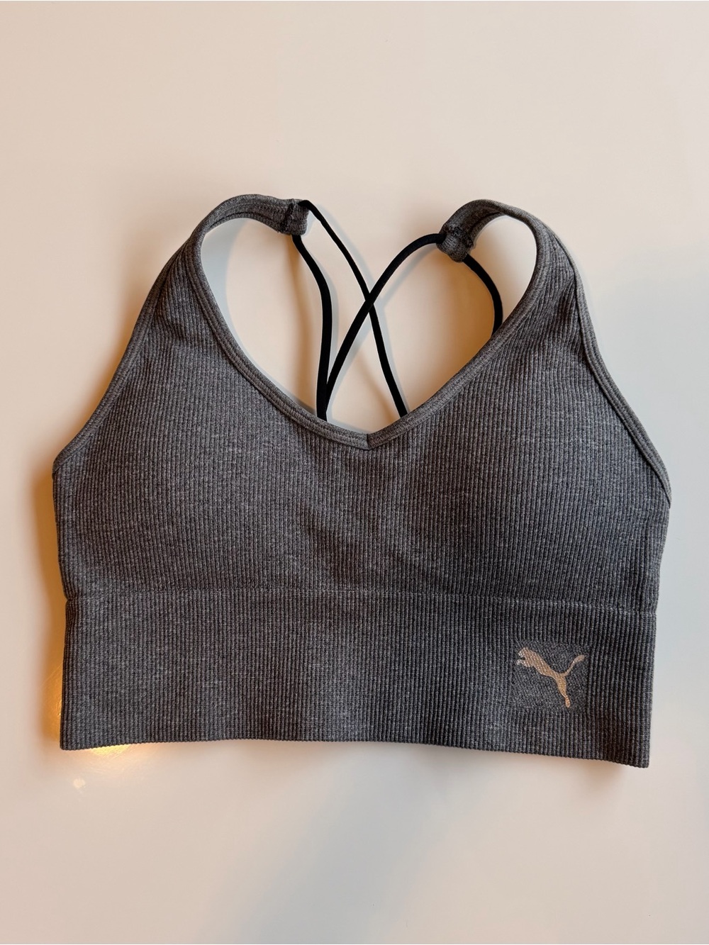 Puma Gray Ribbed Seamless Sports Bra with Crisscross Straps
